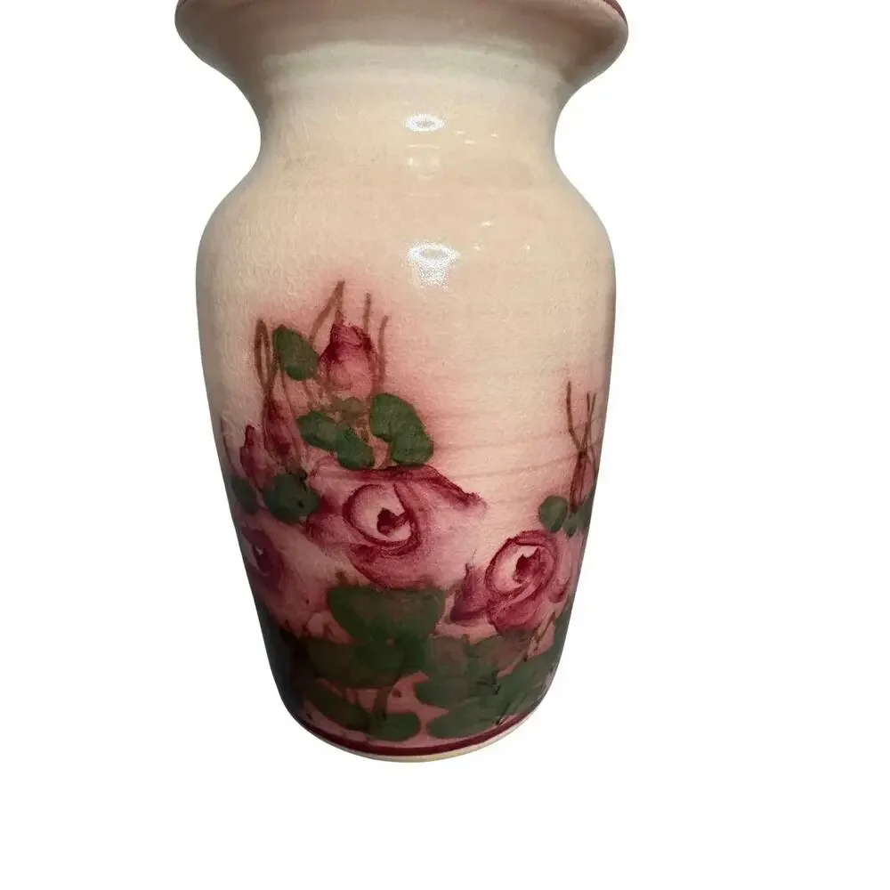 Hand-Painted Rose Motif Studio Pottery Vases — Set of 3, Signed Artist Mark Mj